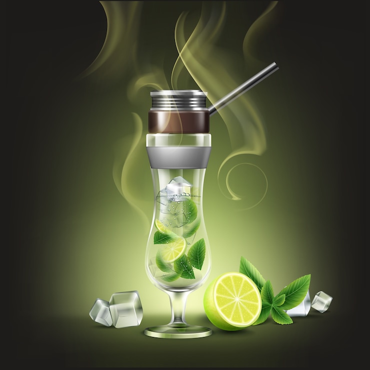 Vettore gratuito narghilè cocktail di vetro uragano vettoriale con vista frontale lime, menta e fumo isolato su sfondo scuro