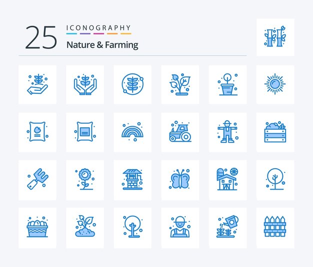 Natura e agricoltura 25 pacchetto di icone di colore blu che include il paesaggio del sole delle piante agricole di mele