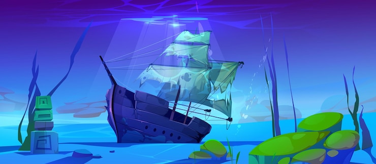 Vettore gratuito nave a vela affondata sulla sabbia del fondo marino