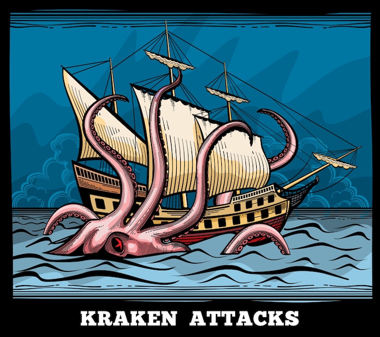 Vettore gratuito nave a vela e logo di vettore di polpo mostro kraken in stile cartone animato. calamaro con mito tentacolo, illustrazione di viaggio d'avventura