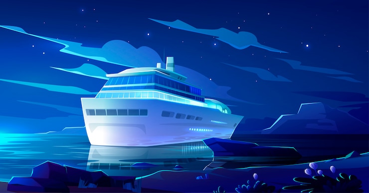 Vettore gratuito nave da crociera nell'oceano di notte. nave moderna, barca
