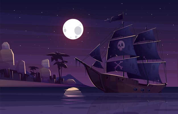 Nave pirata o galeone con teschio umano e ossa incrociate su vele nere