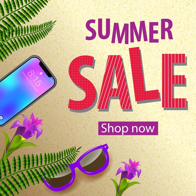 Negozio di vendita estiva ora volantino con fiori tropicali viola, occhiali da sole, foglie di felce