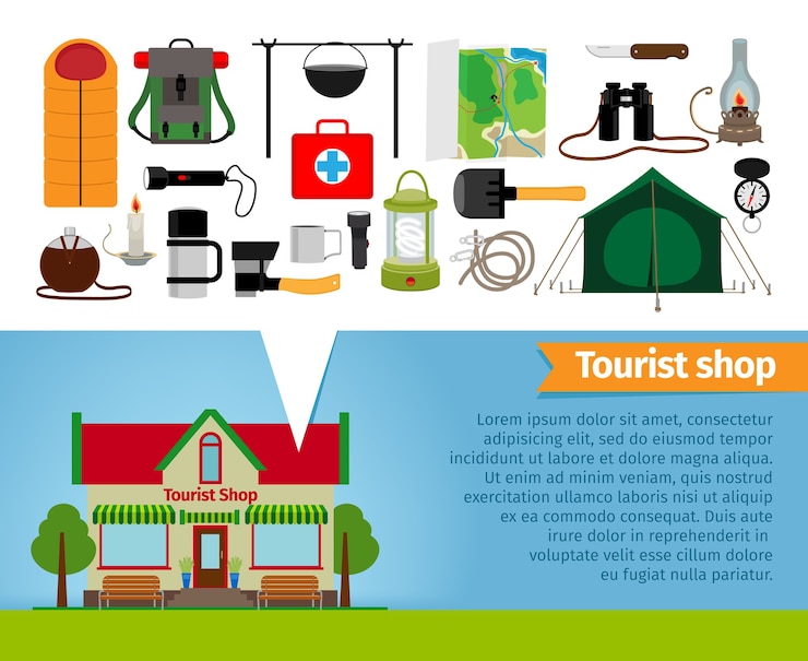 Vettore gratuito negozio turistico. attrezzature turistiche e strumenti per l'escursionismo e il trekking. oggetti e vendita al dettaglio, thermos e sacco a pelo, avventura e barattolo