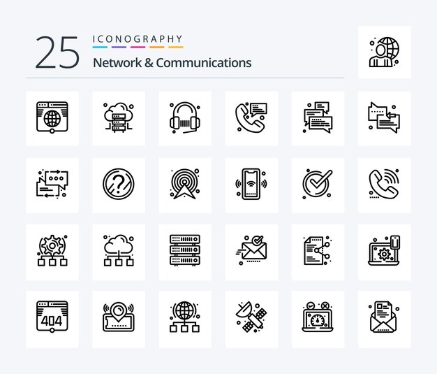 Network And Communications 25 Line icon pack che include la canzone di contatto del cliente con messaggio di messaggistica