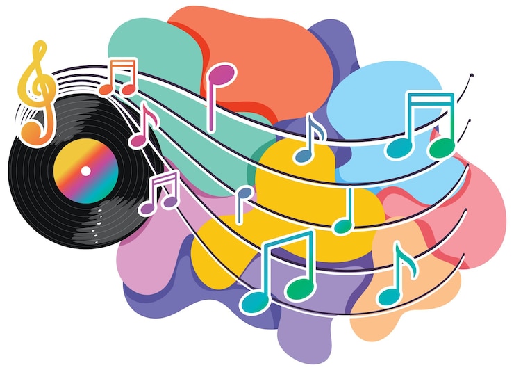 Vettore gratuito note musicali arcobaleno colorato con disco in vinile su sfondo bianco
