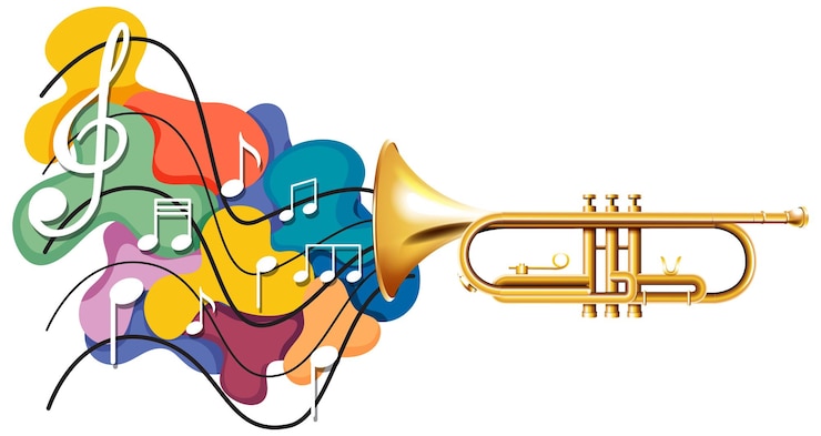 Vettore gratuito note musicali arcobaleno colorato con tromba su sfondo bianco