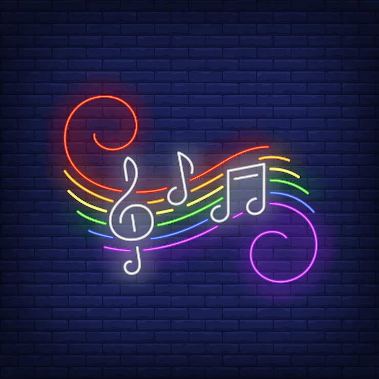 Vettore gratuito note musicali con insegna al neon colori lgbt