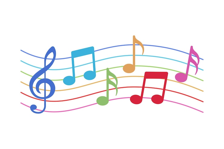 Vettore gratuito note musicali su linee d'onda foglio più colori