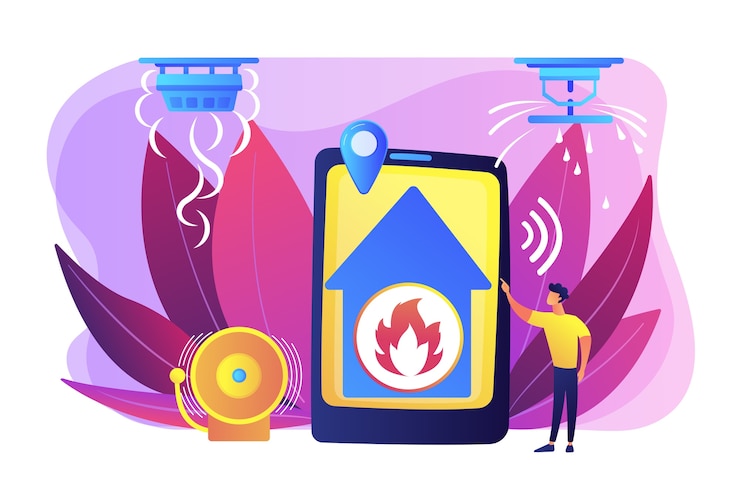 Notifica remota della fiamma in casa. Casa intelligente, alta tecnologia. Sistema di allarme antincendio, metodi di prevenzione incendi, fumo e concetto di allarme antincendio.