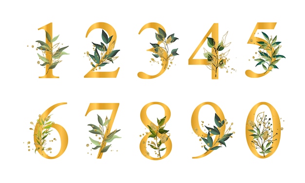 Numeri floreali dorati con foglie verdi e schizzi d&#39;oro isolati