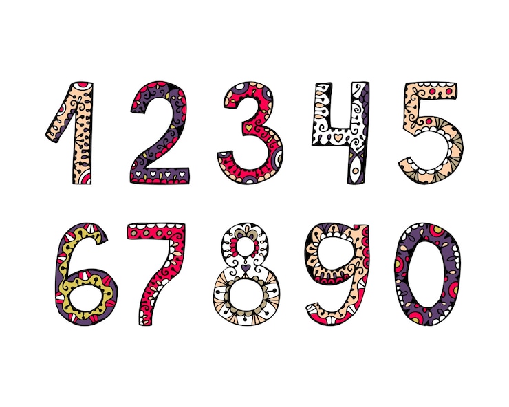 Vettore gratuito numeri ornamentali disegnati a mano di vettore di carattere decorativo per inviti e biglietti di auguri
