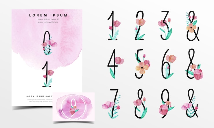 Vettore gratuito numero di alfabeto carino decorato con fiori in stile acquerello