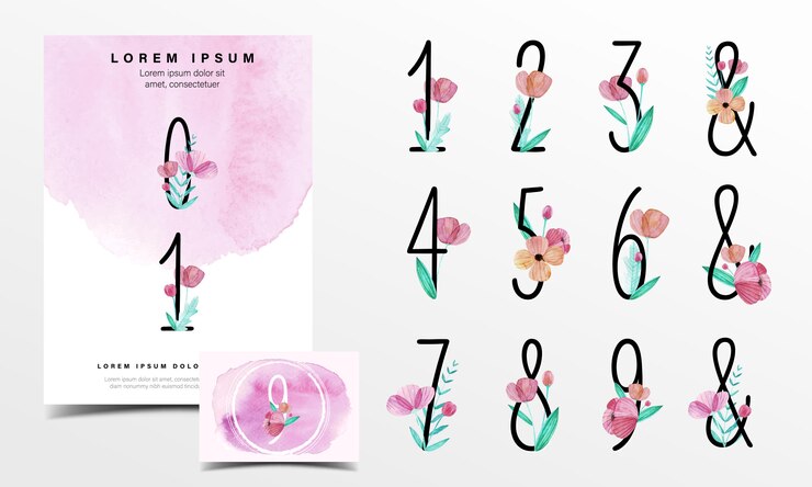 Numero di alfabeto carino decorato con fiori in stile acquerello