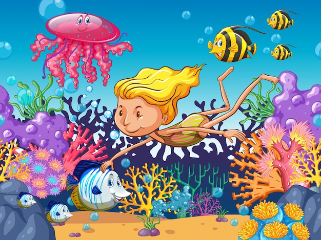 Nuoto della ragazza con gli animali marini Illustrazione di subacquea