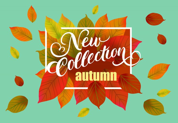 Vettore gratuito nuova collezione autunno lettering con foglie che cadono.