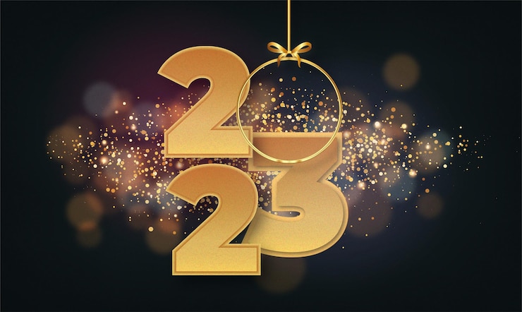 Vettore gratuito nuovo anno 2023 golden banner background con bokeh