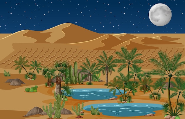 Oasi nel deserto con palme e cactus natura paesaggio di scena notturna