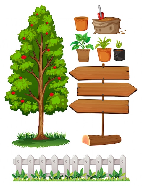 Oggetti di giardinaggio con illustrazione di albero e recinto