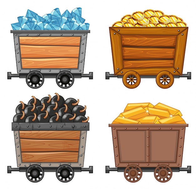 Oggetti minerari sull&#39;illustrazione di carro di legno