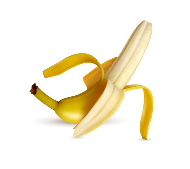 Ombra realistica appetitosa della luce bianca di immagine del primo piano maturo sbucciato metà della banana