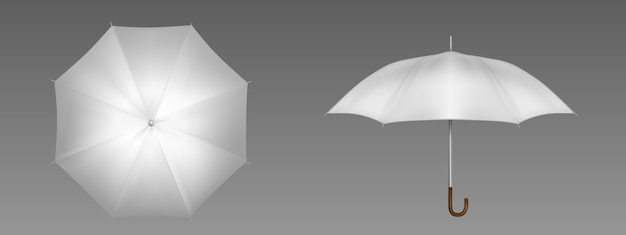 Ombrello bianco frontale e vista dall'alto. Modello realistico di vettore di parasole bianco con manico in legno, accessorio classico per la protezione dalla pioggia in primavera, autunno o stagione dei monsoni