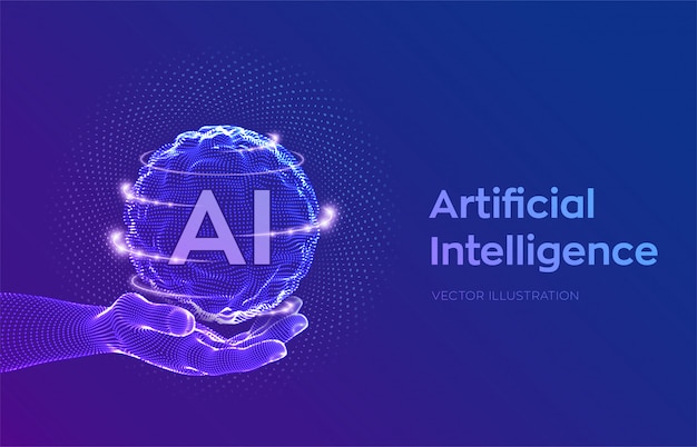 Onda a griglia della sfera con codice binario. Logo AI Intelligenza Artificiale in mano. Concetto di apprendimento automatico.