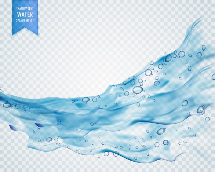 Vettore gratuito onda blu spruzzi d&#39;acqua con le bollicine su sfondo trasparente
