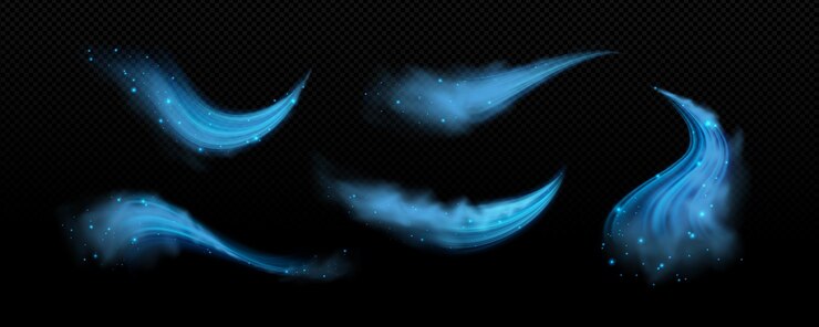 Vettore gratuito onde d'aria fredda fresca con effetto del flusso del vento set di illustrazioni vettoriali realistiche di getti blu di corrente d'aria fredda con particelle di polvere o ghiaccio brisa di purificazione trasparente soffio d'aria con scintille