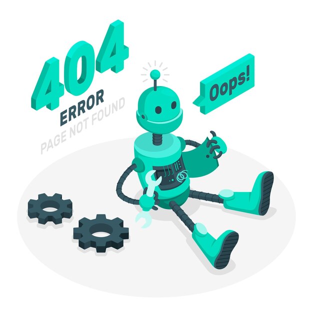 Oops! Errore 404 con un'illustrazione di concetto di robot rotto