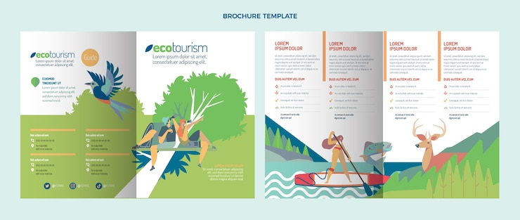 Vettore gratuito opuscolo di ecoturismo design piatto disegnato a mano