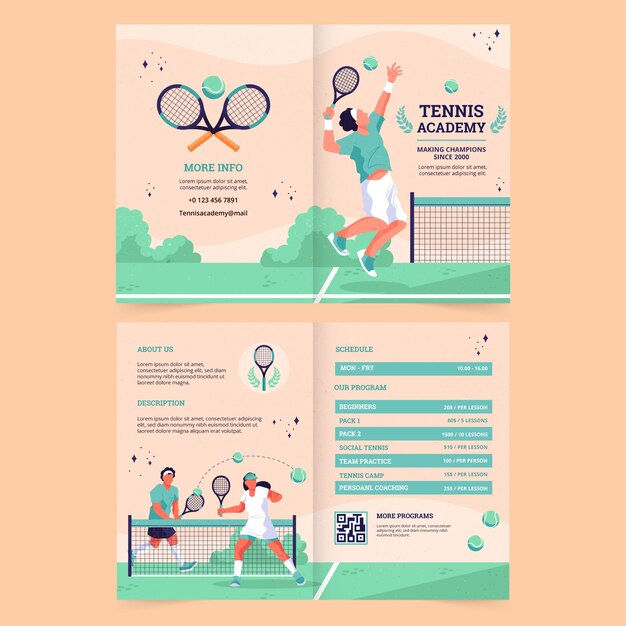 Opuscolo di gioco di tennis disegnato a mano