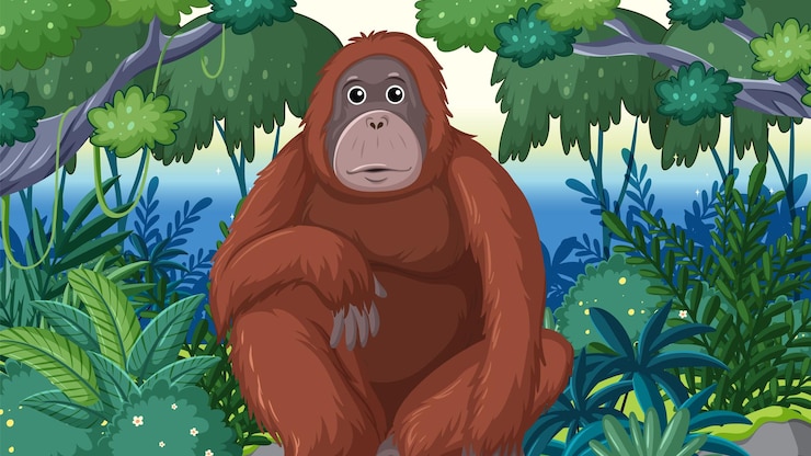 Vettore gratuito orangutan nell'habitat della foresta pluviale lussureggiante