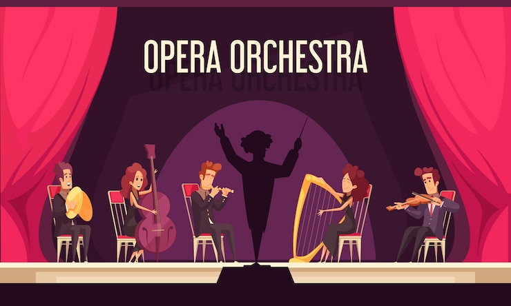 Vettore gratuito orchestra d'opera teatrale performance sul palco con violinista arpista musicista fluitista conduttore composizione piana tenda rossa