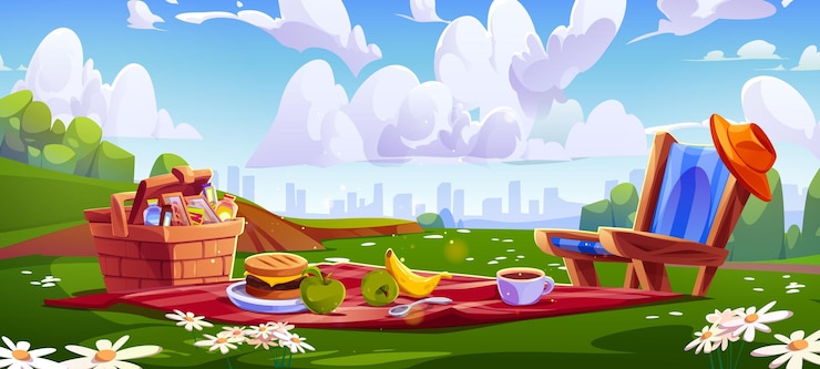 Vettore gratuito organizzazione di picnic con cibo su coperta rossa e cesto di vimini nel parco della città sopra lo skyline di edifici a più piani e nuvole snack e hamburger tazza di caffè e frutta su poltrona con cappello