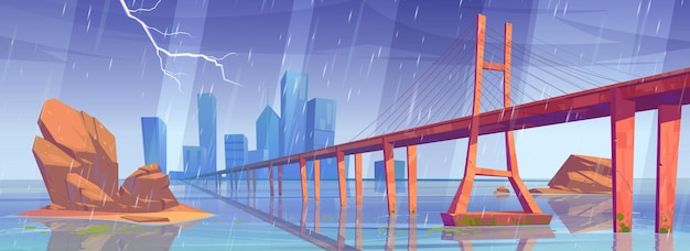 Orizzonte della città con edifici e ponte sotto la pioggia