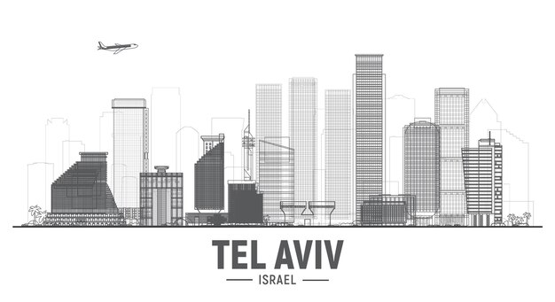 Orizzonte della siluetta della città di Tel Aviv Israele su sfondo bianco Illustrazione vettoriale Concetto di viaggi d'affari e turismo con edifici moderni Immagine per il sito Web banner di presentazione