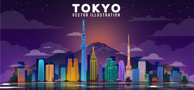 Orizzonte di notte della città di Tokyo Illustrazione vettoriale.
