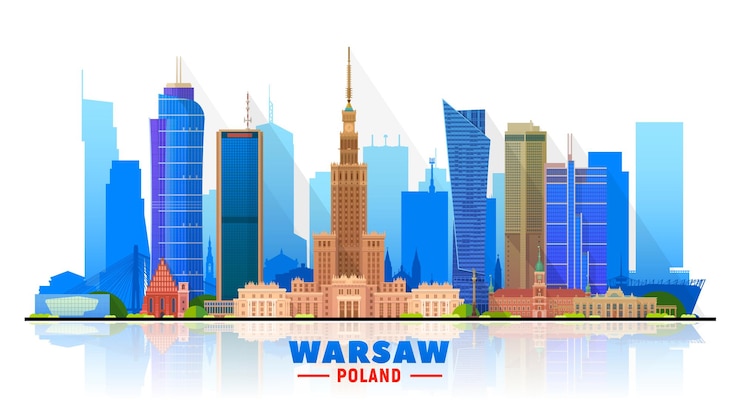 Vettore gratuito orizzonte di varsavia (polonia) con panorama su priorità bassa bianca. illustrazione vettoriale. concetto di viaggio d'affari e turismo con edifici moderni. immagine per presentazione, banner, sito web