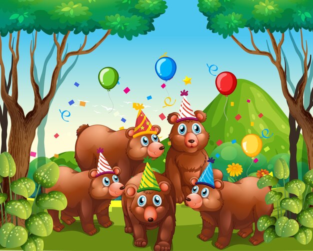 Orso gruppo nel personaggio dei cartoni animati di tema del partito sulla foresta