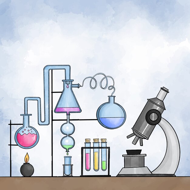 Pacchetto dell'acquerello di oggetti di laboratorio di scienza