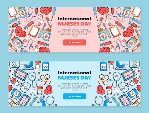 Pacchetto di banner orizzontali per la giornata internazionale degli infermieri disegnati a mano
