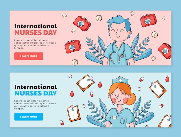 Pacchetto di banner orizzontali per la giornata internazionale degli infermieri disegnati a mano