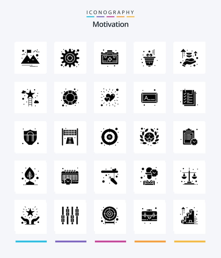 Vettore gratuito pacchetto di icone creative motivation 25 glyph solid black come l'avvio di attività commerciali a mano con motivazione per l'arrampicata su stelle
