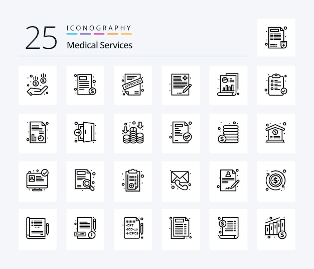 Pacchetto di icone di 25 linee di servizi medici che include il file di cronologia dell'applicazione medica del grafico