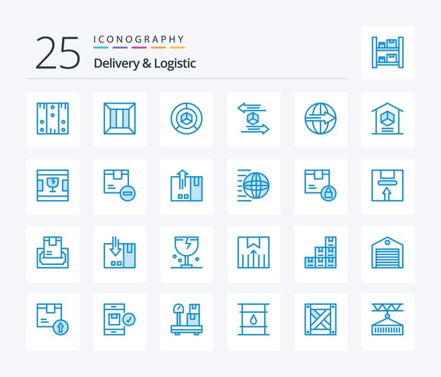 Pacchetto di icone di consegna e logistica 25 colori blu che include il grafico dell'imballaggio logistico della scatola logistica