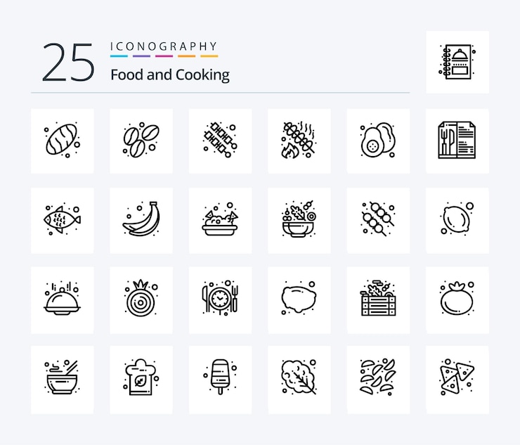 Vettore gratuito pacchetto di icone food 25 line che include una festa di frutta kebab di pere alimentari