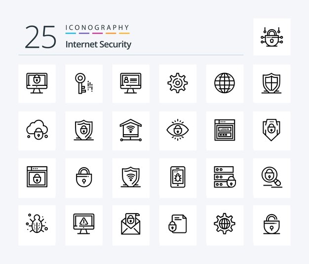 Pacchetto di icone Internet Security 25 Line che include l'impostazione internet internet internet globe