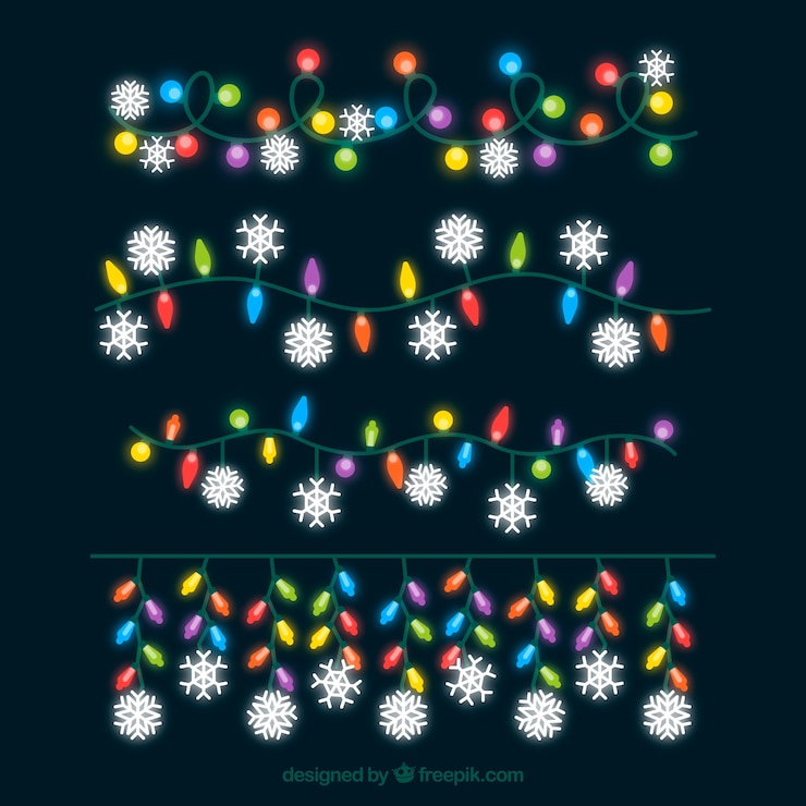 Vettore gratuito pacchetto di luci di natale con fiocchi di neve