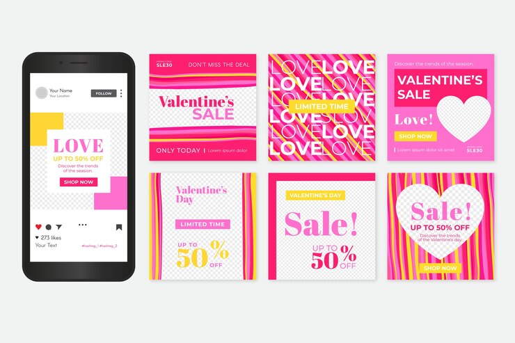 Vettore gratuito pacchetto di post di instagram di vendita di san valentino